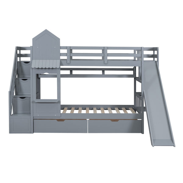 HomeRoots Gray Twin Over Twin Dollhouse Bunk Bed with Stairs, Slide, Storage Drawers & Kid-Friendly Fun 606650
