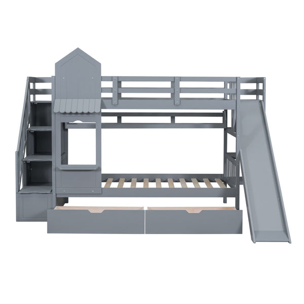 HomeRoots Gray Twin Over Twin Dollhouse Bunk Bed with Stairs, Slide, Storage Drawers & Kid-Friendly Fun 606650