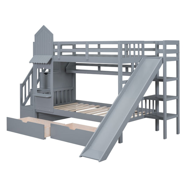 HomeRoots Gray Twin Over Twin Dollhouse Bunk Bed with Stairs, Slide, Storage Drawers & Kid-Friendly Fun 606650