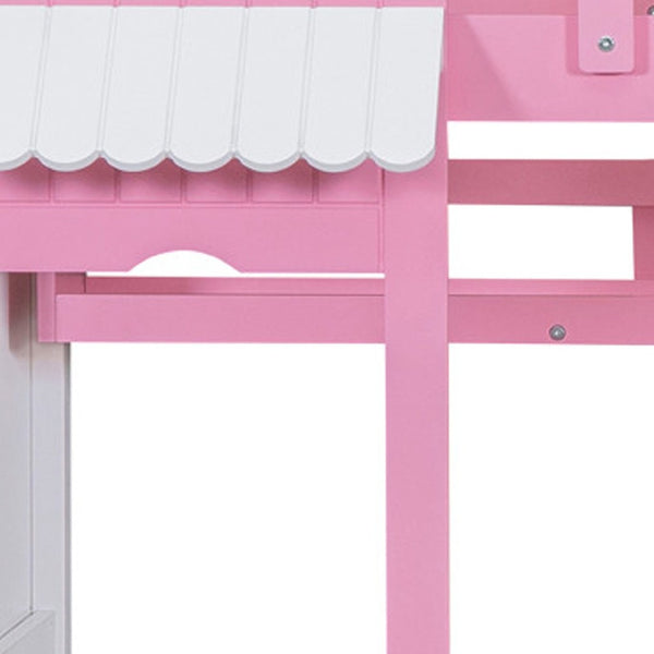 HomeRoots Pink Twin Over Twin Dollhouse Bunk Bed with Slide, Stairs, Storage Drawers & Solid Wood Frame 606651
