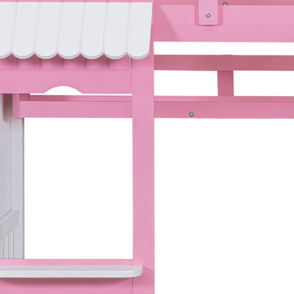 HomeRoots Pink Twin Over Twin Dollhouse Bunk Bed with Slide, Stairs, Storage Drawers & Solid Wood Frame 606651