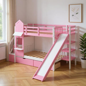 HomeRoots Pink Twin Over Twin Dollhouse Bunk Bed with Slide, Stairs, Storage Drawers & Solid Wood Frame 606651