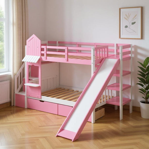 HomeRoots Pink Twin Over Twin Dollhouse Bunk Bed with Slide, Stairs, Storage Drawers & Solid Wood Frame 606651