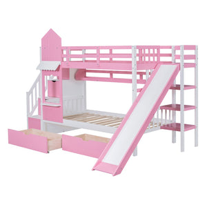 HomeRoots Pink Twin Over Twin Dollhouse Bunk Bed with Slide, Stairs, Storage Drawers & Solid Wood Frame 606651