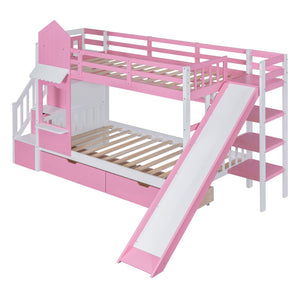 HomeRoots Pink Twin Over Twin Dollhouse Bunk Bed with Slide, Stairs, Storage Drawers & Solid Wood Frame 606651