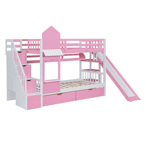 HomeRoots Pink Twin Over Twin Dollhouse Bunk Bed with Slide, Stairs, Storage Drawers & Solid Wood Frame 606651