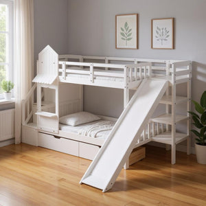 HomeRoots White Twin Over Twin Dollhouse Bunk Bed with Stairs, Slide, Storage Drawers & Safety Features 606652