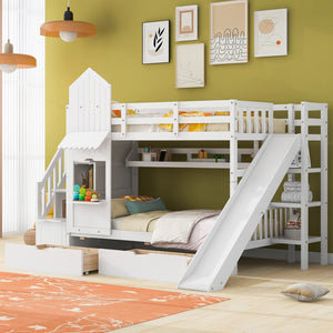 HomeRoots White Twin Over Twin Dollhouse Bunk Bed with Stairs, Slide, Storage Drawers & Safety Features 606652