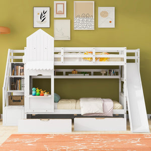 HomeRoots White Twin Over Twin Dollhouse Bunk Bed with Stairs, Slide, Storage Drawers & Safety Features 606652