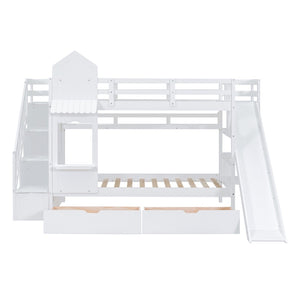 HomeRoots White Twin Over Twin Dollhouse Bunk Bed with Stairs, Slide, Storage Drawers & Safety Features 606652
