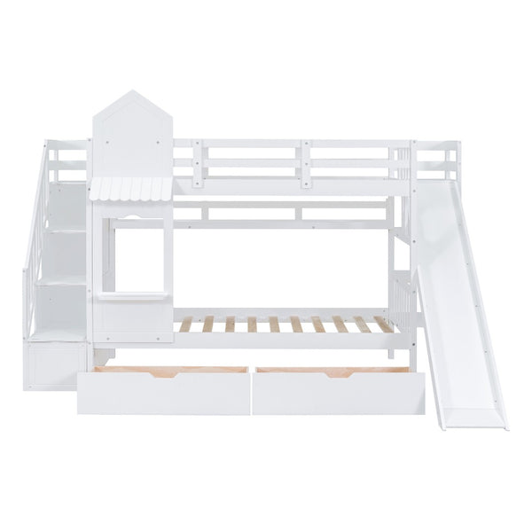 HomeRoots White Twin Over Twin Dollhouse Bunk Bed with Stairs, Slide, Storage Drawers & Safety Features 606652