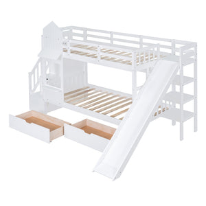HomeRoots White Twin Over Twin Dollhouse Bunk Bed with Stairs, Slide, Storage Drawers & Safety Features 606652