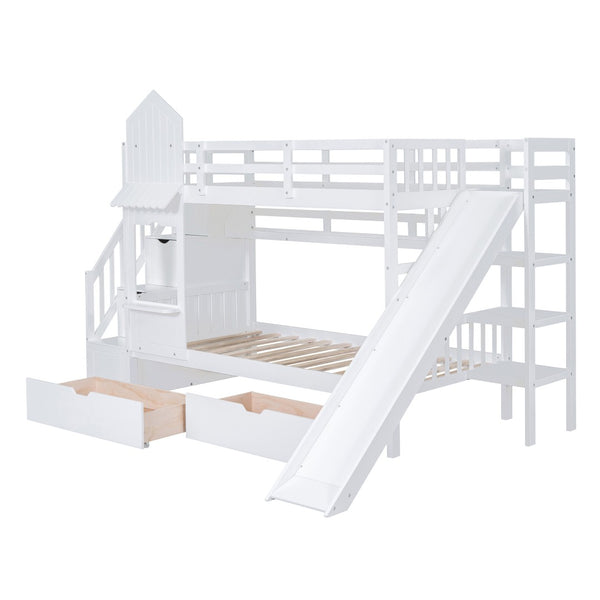 HomeRoots White Twin Over Twin Dollhouse Bunk Bed with Stairs, Slide, Storage Drawers & Safety Features 606652