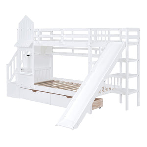 HomeRoots White Twin Over Twin Dollhouse Bunk Bed with Stairs, Slide, Storage Drawers & Safety Features 606652