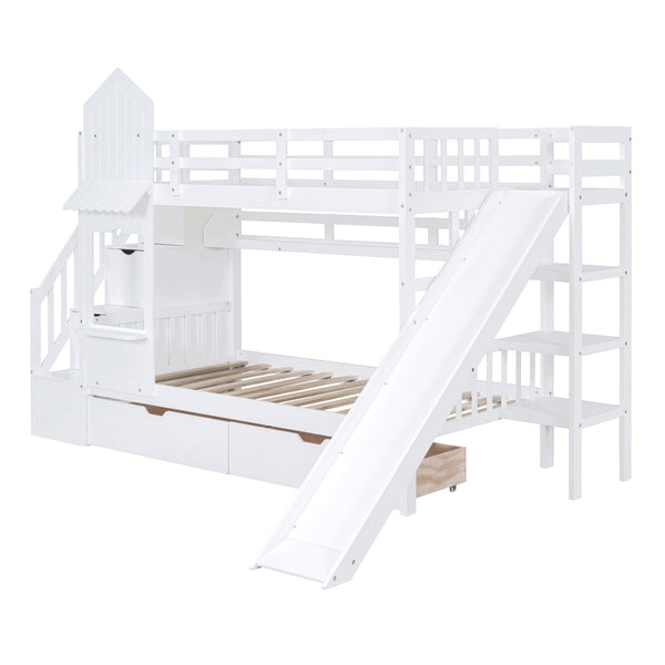 HomeRoots White Twin Over Twin Dollhouse Bunk Bed with Stairs, Slide, Storage Drawers & Safety Features 606652