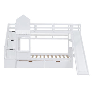 HomeRoots White Twin Over Twin Dollhouse Bunk Bed with Stairs, Slide, Storage Drawers & Safety Features 606652