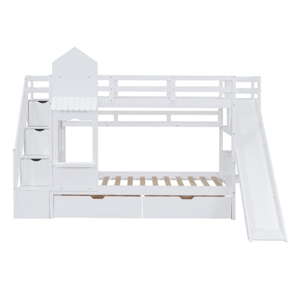 HomeRoots White Twin Over Twin Dollhouse Bunk Bed with Stairs, Slide, Storage Drawers & Safety Features 606652