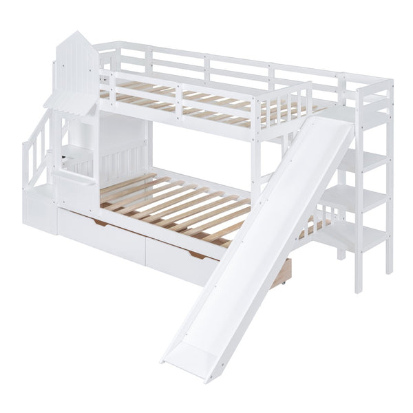 HomeRoots White Twin Over Twin Dollhouse Bunk Bed with Stairs, Slide, Storage Drawers & Safety Features 606652
