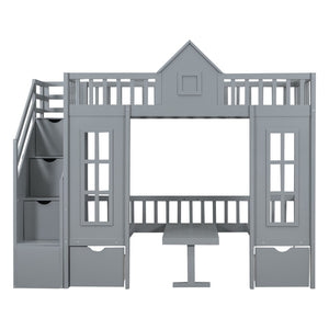 HomeRoots Gray Twin Over Twin Solid Wood Bunk Bed with Built-In Desk, Stairs, Drawers & Smart Storage Solutions 606653