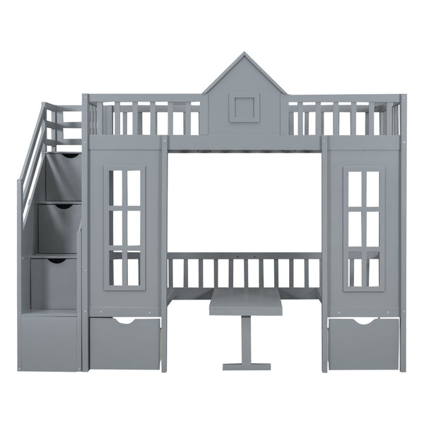HomeRoots Gray Twin Over Twin Solid Wood Bunk Bed with Built-In Desk, Stairs, Drawers & Smart Storage Solutions 606653