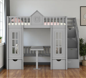 HomeRoots Gray Twin Over Twin Solid Wood Bunk Bed with Built-In Desk, Stairs, Drawers & Smart Storage Solutions 606653
