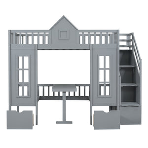 HomeRoots Gray Twin Over Twin Solid Wood Bunk Bed with Built-In Desk, Stairs, Drawers & Smart Storage Solutions 606653