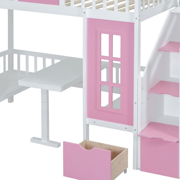 HomeRoots Pink Twin Over Twin Solid Wood Bunk Bed with Storage, Desk & Stairs - Stylish Space Saver! 606654