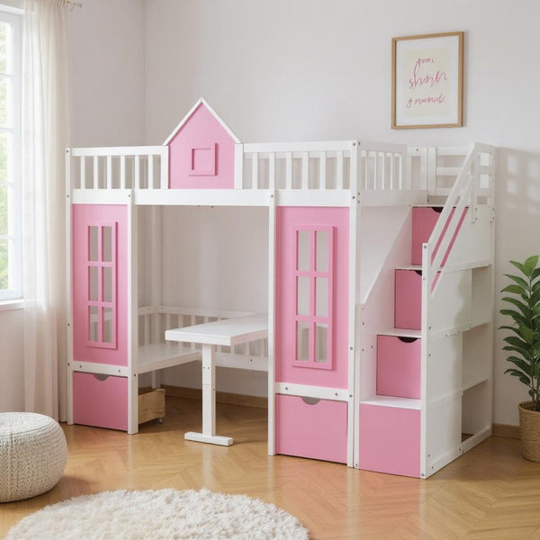 HomeRoots Pink Twin Over Twin Solid Wood Bunk Bed with Storage, Desk & Stairs - Stylish Space Saver! 606654