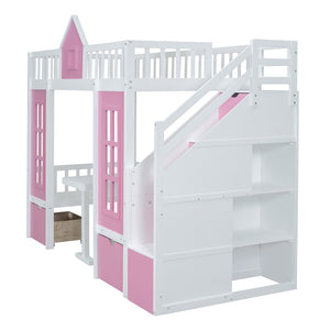 HomeRoots Pink Twin Over Twin Solid Wood Bunk Bed with Storage, Desk & Stairs - Stylish Space Saver! 606654