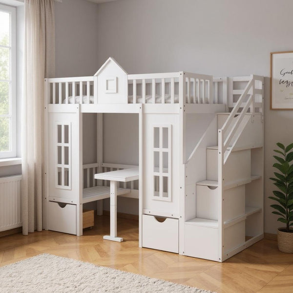 HomeRoots White Twin Over Twin Solid Wood Bunk Bed with Integrated Desk, Stairs, Drawers & Ample Storage 606655