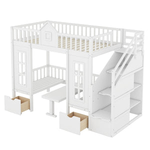 HomeRoots White Twin Over Twin Solid Wood Bunk Bed with Integrated Desk, Stairs, Drawers & Ample Storage 606655