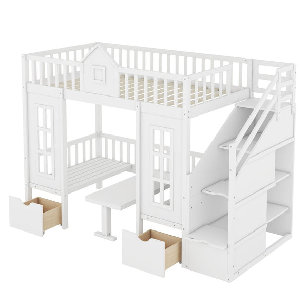 HomeRoots White Twin Over Twin Solid Wood Bunk Bed with Integrated Desk, Stairs, Drawers & Ample Storage 606655