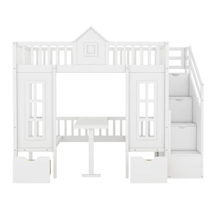 HomeRoots White Twin Over Twin Solid Wood Bunk Bed with Integrated Desk, Stairs, Drawers & Ample Storage 606655