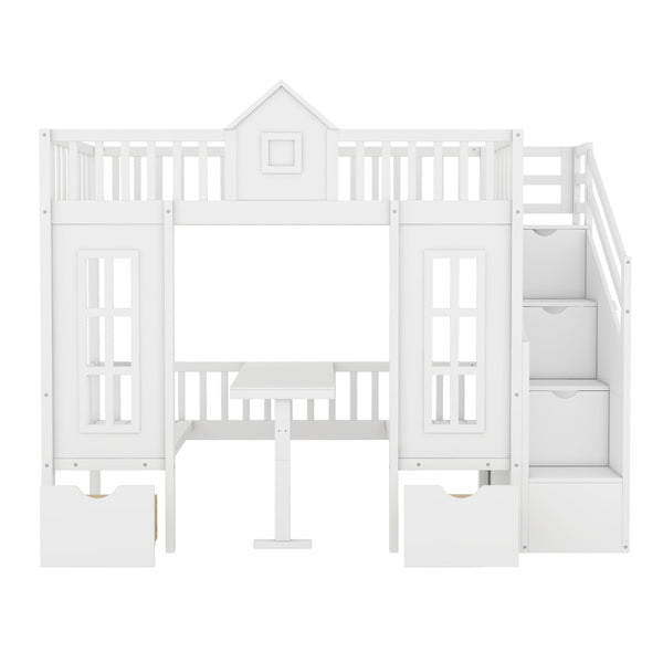 HomeRoots White Twin Over Twin Solid Wood Bunk Bed with Integrated Desk, Stairs, Drawers & Ample Storage 606655
