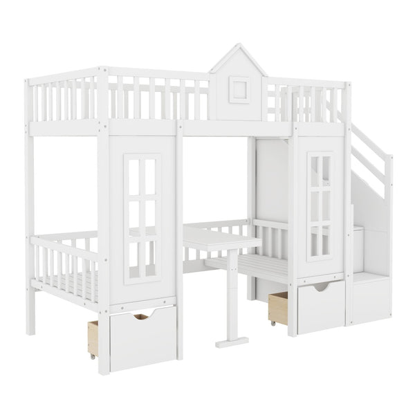 HomeRoots White Twin Over Twin Solid Wood Bunk Bed with Integrated Desk, Stairs, Drawers & Ample Storage 606655