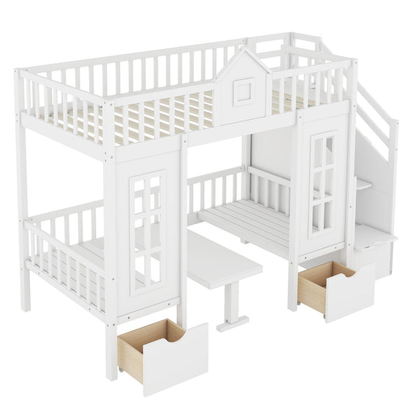 HomeRoots White Twin Over Twin Solid Wood Bunk Bed with Integrated Desk, Stairs, Drawers & Ample Storage 606655