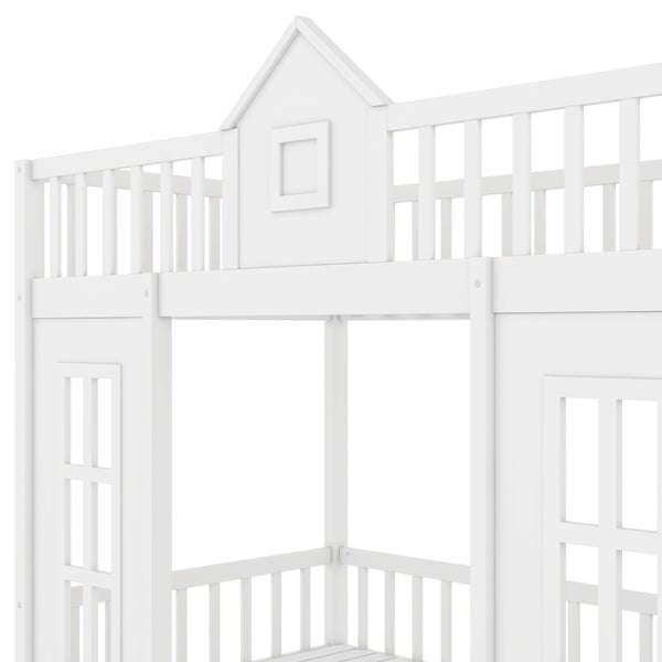 HomeRoots White Twin Over Twin Solid Wood Bunk Bed with Integrated Desk, Stairs, Drawers & Ample Storage 606655