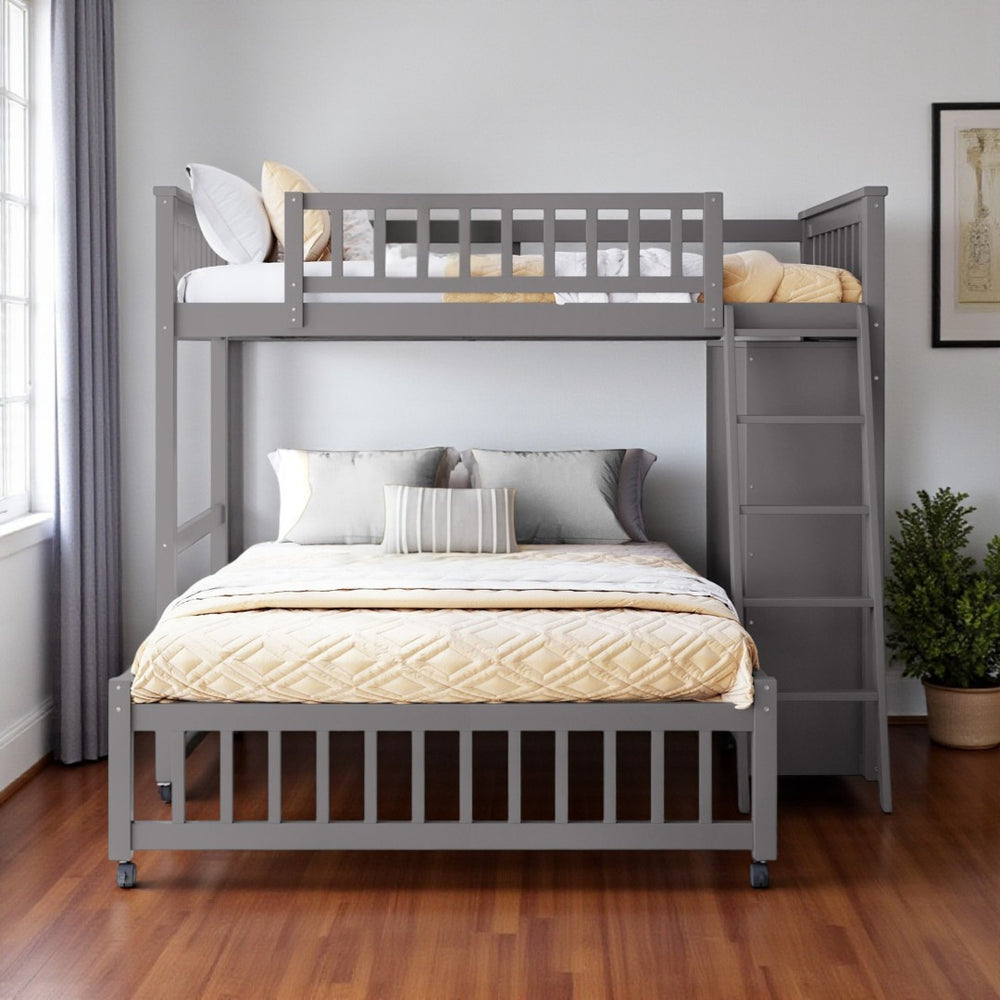 HomeRoots Gray Twin Over Full Bunk Bed with Drawers - Stylish Solid Wood Design for Space-Saving Solutions! 606656