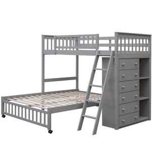 HomeRoots Gray Twin Over Full Bunk Bed with Drawers - Stylish Solid Wood Design for Space-Saving Solutions! 606656