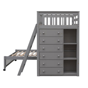 HomeRoots Gray Twin Over Full Bunk Bed with Drawers - Stylish Solid Wood Design for Space-Saving Solutions! 606656