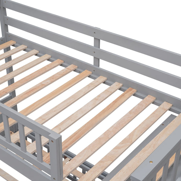 HomeRoots Gray Twin Over Full Bunk Bed with Drawers - Stylish Solid Wood Design for Space-Saving Solutions! 606656