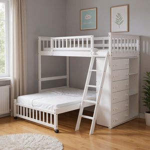 HomeRoots White Twin Over Full Bunk Bed – Solid Wood with Storage Drawers for Kids’ Rooms & Guest Spaces 606657