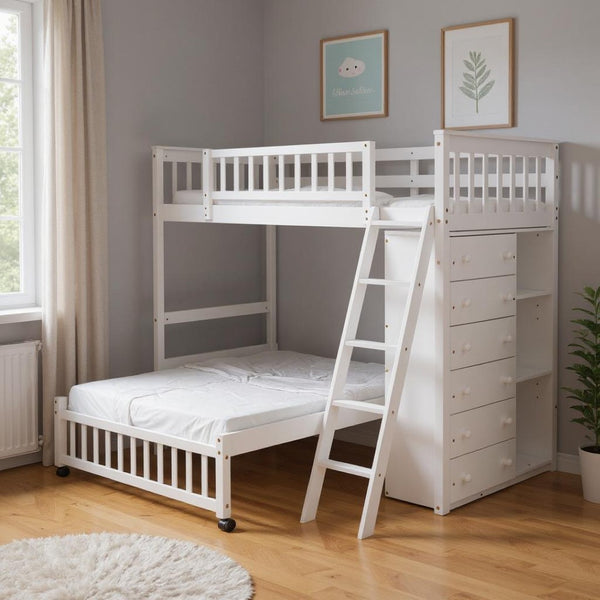 HomeRoots White Twin Over Full Bunk Bed – Solid Wood with Storage Drawers for Kids’ Rooms & Guest Spaces 606657