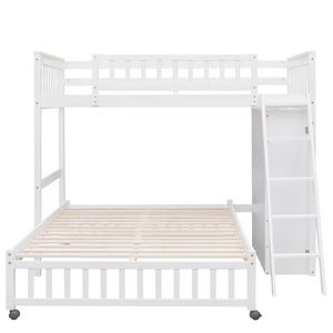 HomeRoots White Twin Over Full Bunk Bed – Solid Wood with Storage Drawers for Kids’ Rooms & Guest Spaces 606657