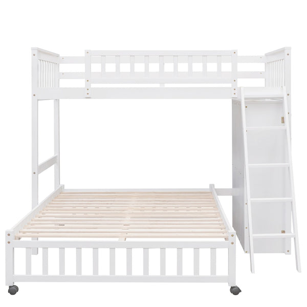 HomeRoots White Twin Over Full Bunk Bed – Solid Wood with Storage Drawers for Kids’ Rooms & Guest Spaces 606657