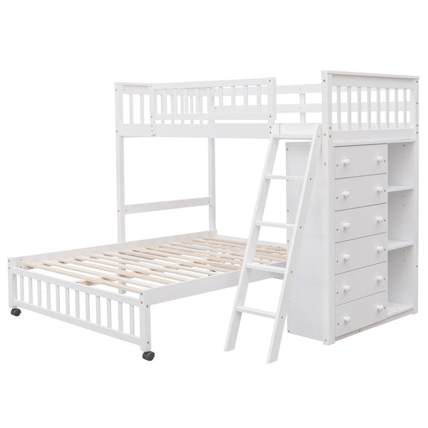 HomeRoots White Twin Over Full Bunk Bed – Solid Wood with Storage Drawers for Kids’ Rooms & Guest Spaces 606657