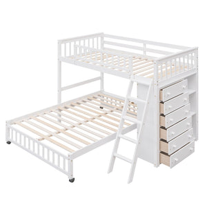HomeRoots White Twin Over Full Bunk Bed – Solid Wood with Storage Drawers for Kids’ Rooms & Guest Spaces 606657