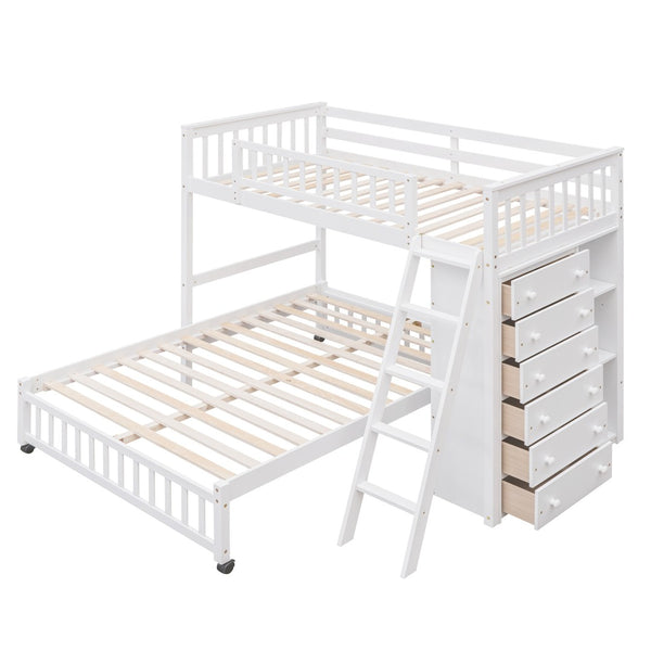 HomeRoots White Twin Over Full Bunk Bed – Solid Wood with Storage Drawers for Kids’ Rooms & Guest Spaces 606657