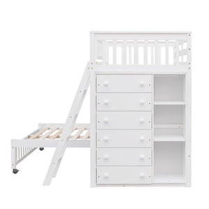 HomeRoots White Twin Over Full Bunk Bed – Solid Wood with Storage Drawers for Kids’ Rooms & Guest Spaces 606657