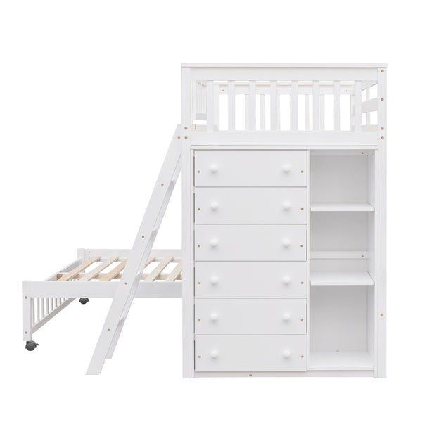 HomeRoots White Twin Over Full Bunk Bed – Solid Wood with Storage Drawers for Kids’ Rooms & Guest Spaces 606657